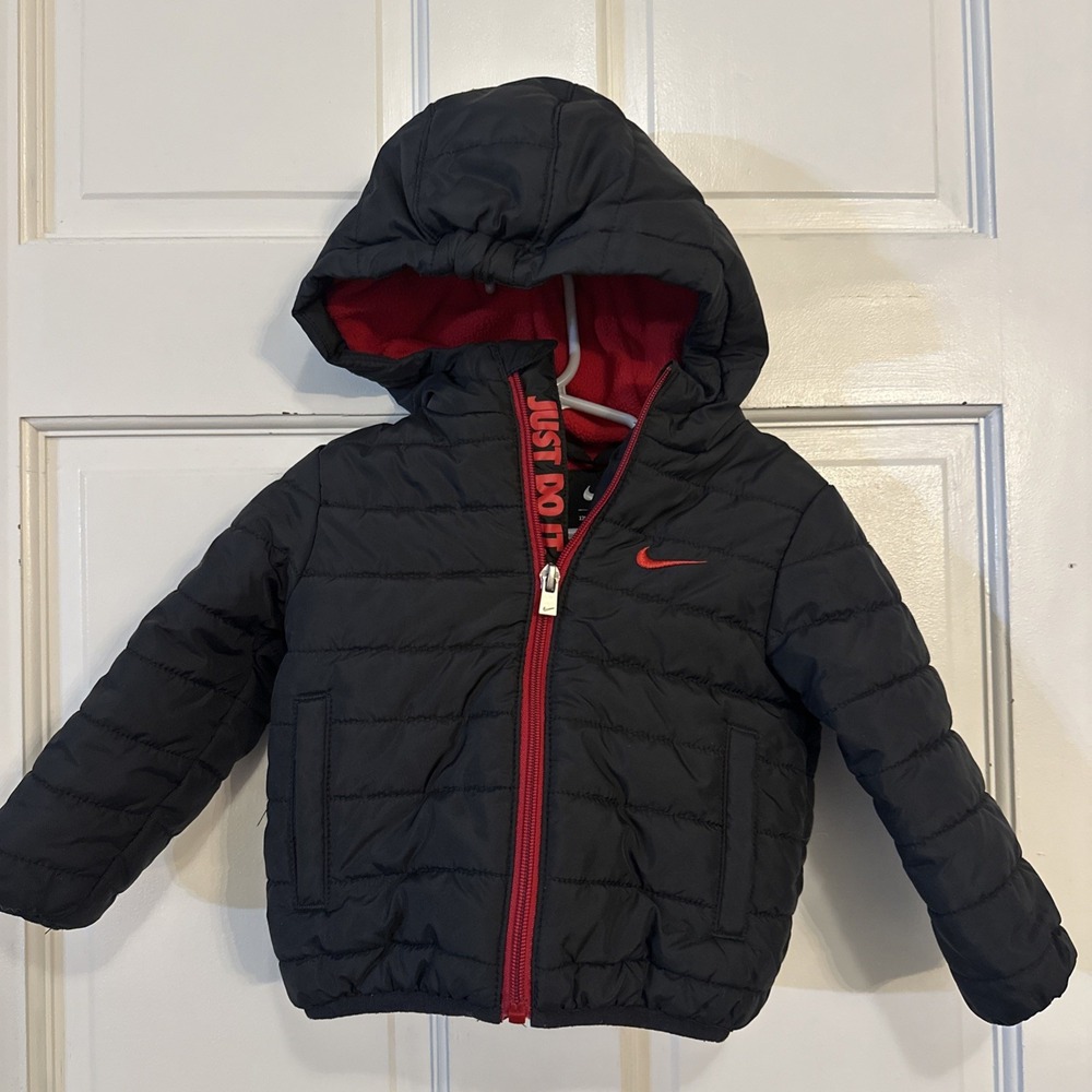 Nike Puffer Jacket Coat Sports Essential Black Red Infant 12M